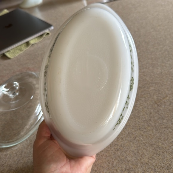 Vintage Glasbake 1 Qt. Oval Covered Casserole/Vegetable Dish w/Green Daisies Lid - Picture 7 of 10